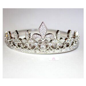Clear Pave Cubic Zirconia Fleur-de-Lis Princess Crown Hinged Cuff Bracelet 7.5"